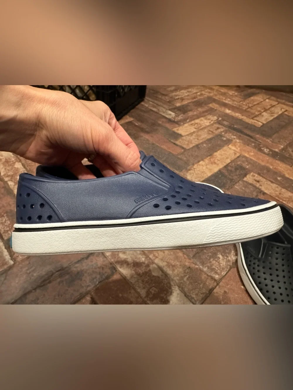 Native Miles kids’ Perforated Slip-On Shoes in Navy (NWOB) and Black(nearly new)